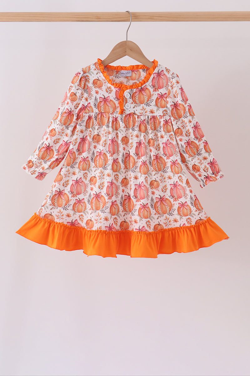 Orange Pumpkin Print Ruffle Dress
