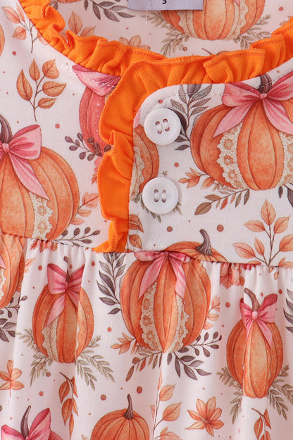 Orange Pumpkin Print Ruffle Dress