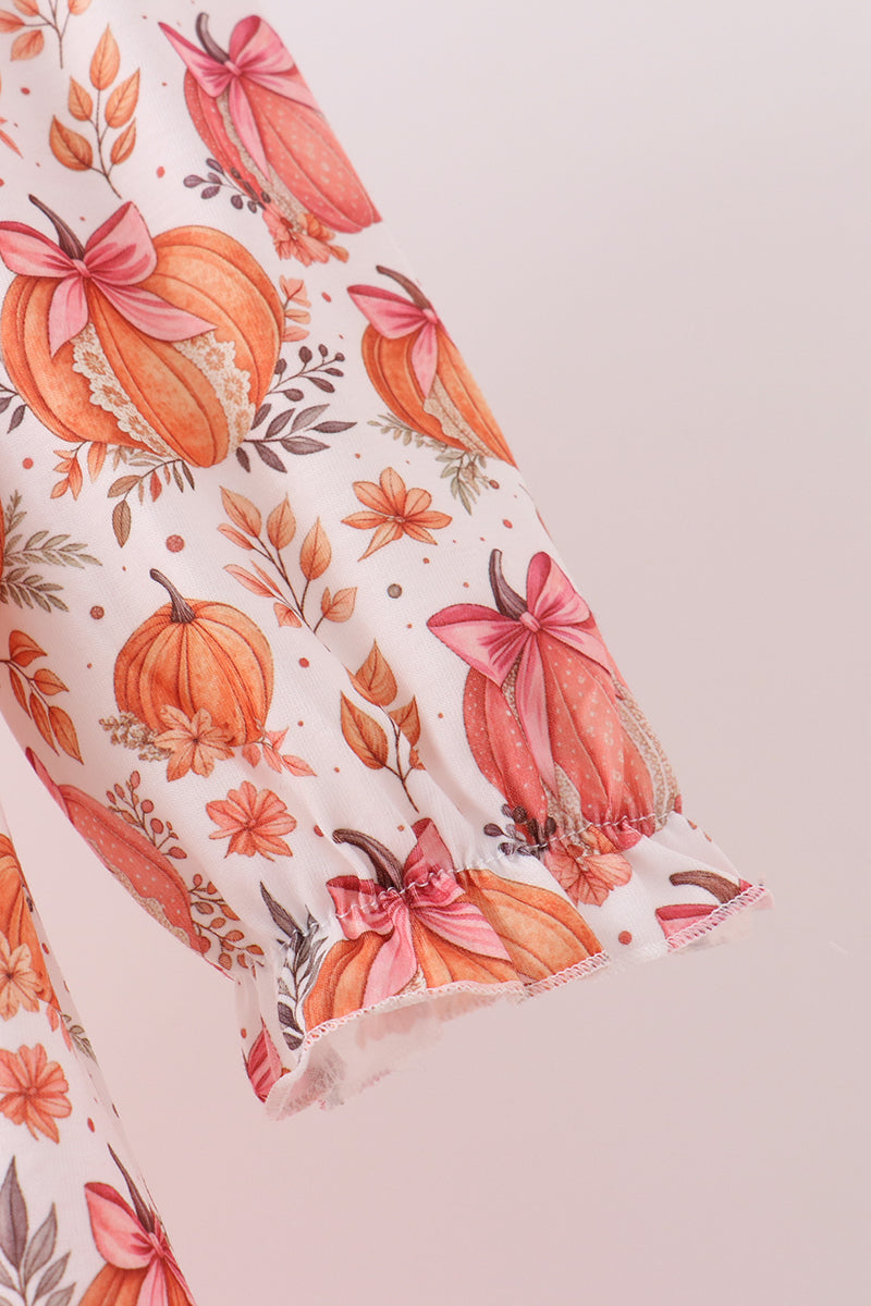 Orange Pumpkin Print Ruffle Dress