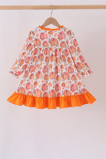Orange Pumpkin Print Ruffle Dress
