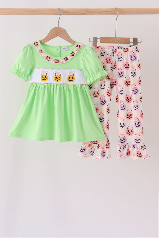 Green Jack-O-Lantern embroidery ruffle pants set