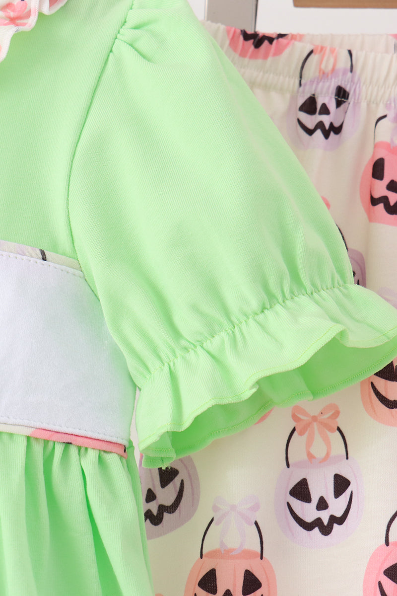 Green Jack-O-Lantern embroidery ruffle pants set