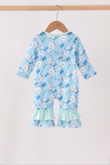 Blue goose bow embroidery ruffle romper