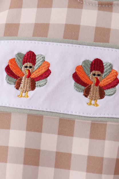 Brown turkey embroidery gingham romper