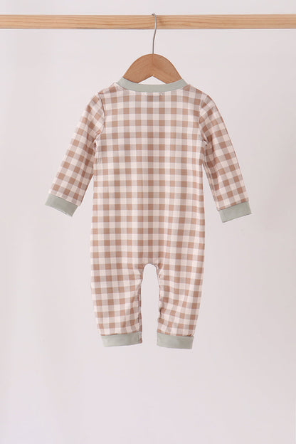 Brown turkey embroidery gingham romper