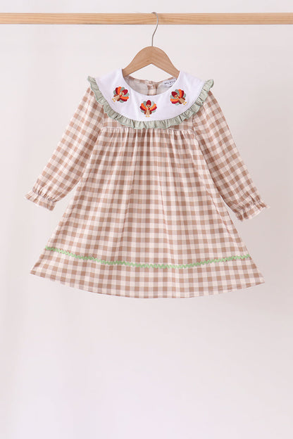 Brown turkey embroidery gingham ruffle dress